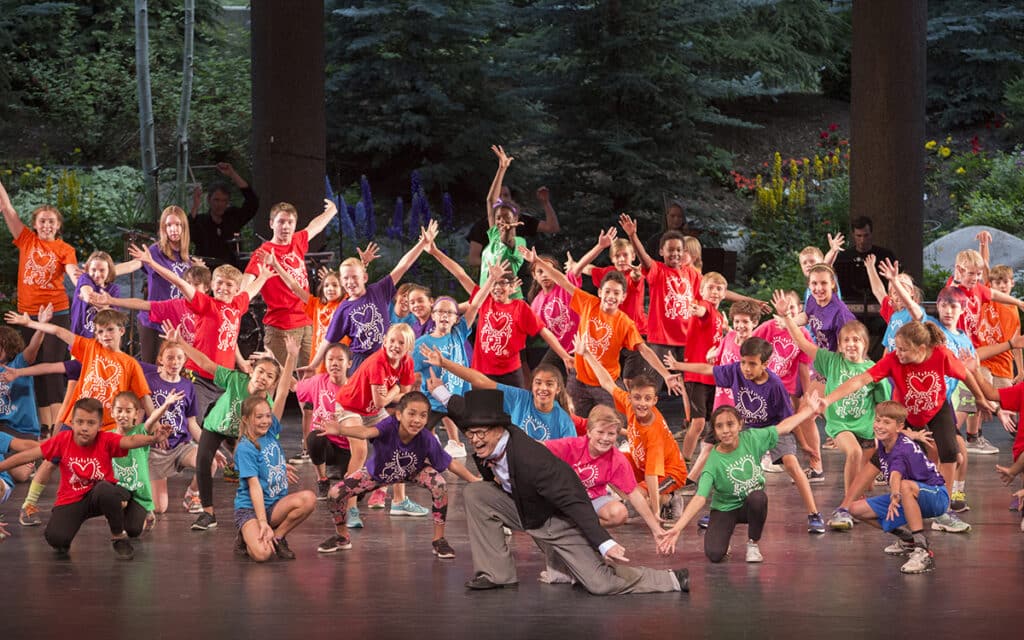 The Vail Dance Festival's Celebrate the Beat program started in 2007 and has helped develop the arts among local youth. They are shown here performing with the legendary Bill Irwin in 2017. Photo by Erin Baiano