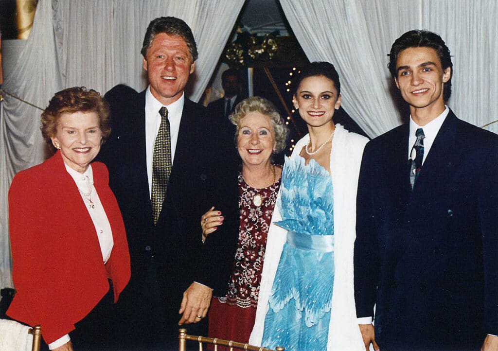 From left to right: Betty Ford (spouse of President Gerald R. Ford), President Bill Clinton, Madame Sophia Golovkina of the Bolshoi Ballet Academy, Galina Stepanenko, and Sergei Filin, at the 1993 Vail Dance Festival, then known as the International Evenings of Dance at Vail. Photo by Rex Keep.