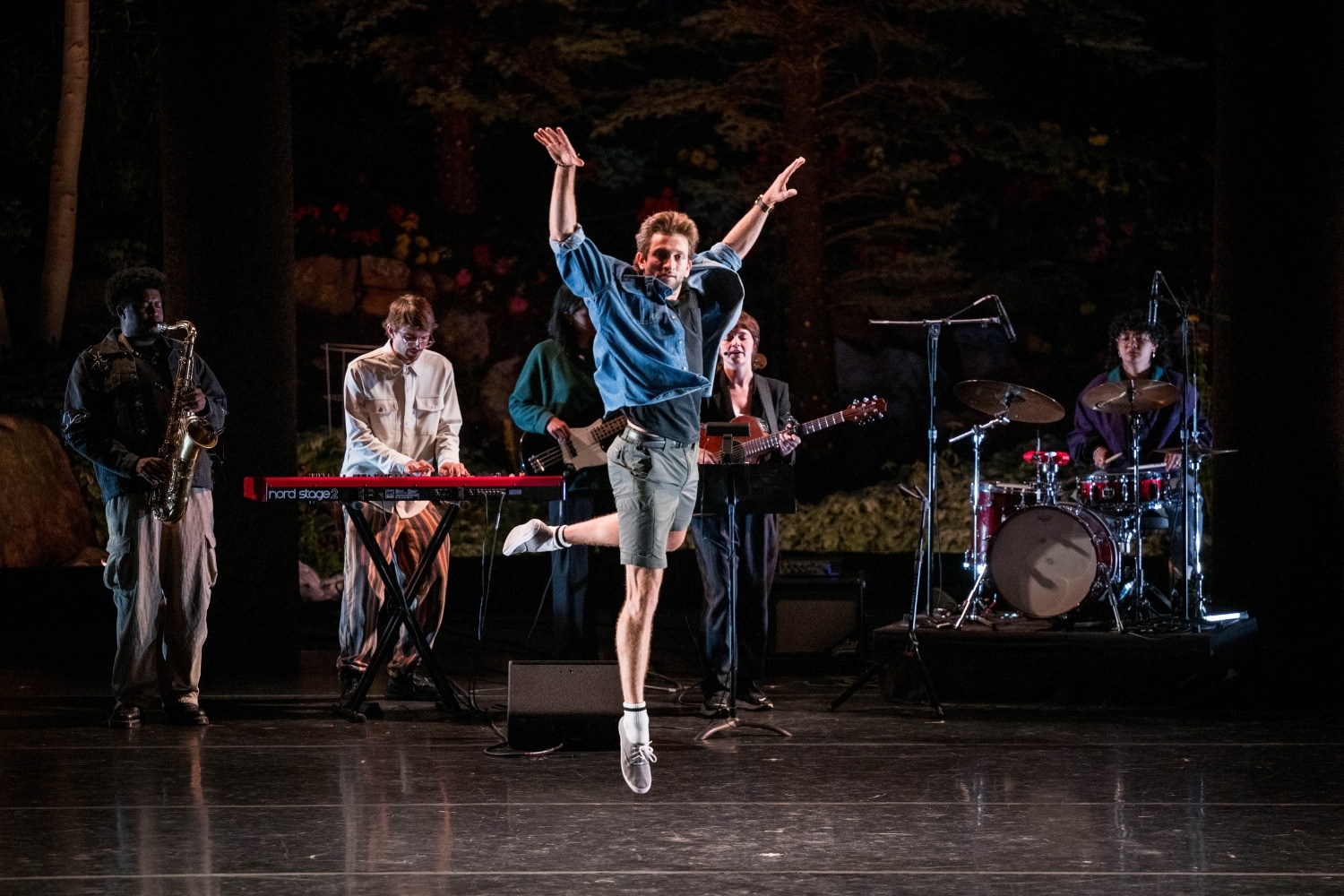 Harrison Coll with Joel Wenhardt, Abdias Armenteros, Kate Davis, Eliza Salem, and Jayla Chee in Justin Peck's new work "Nine Freights"at NOW: Premieres at the 2024 Vail Dance Festival. Photo by Christopher Duggan.