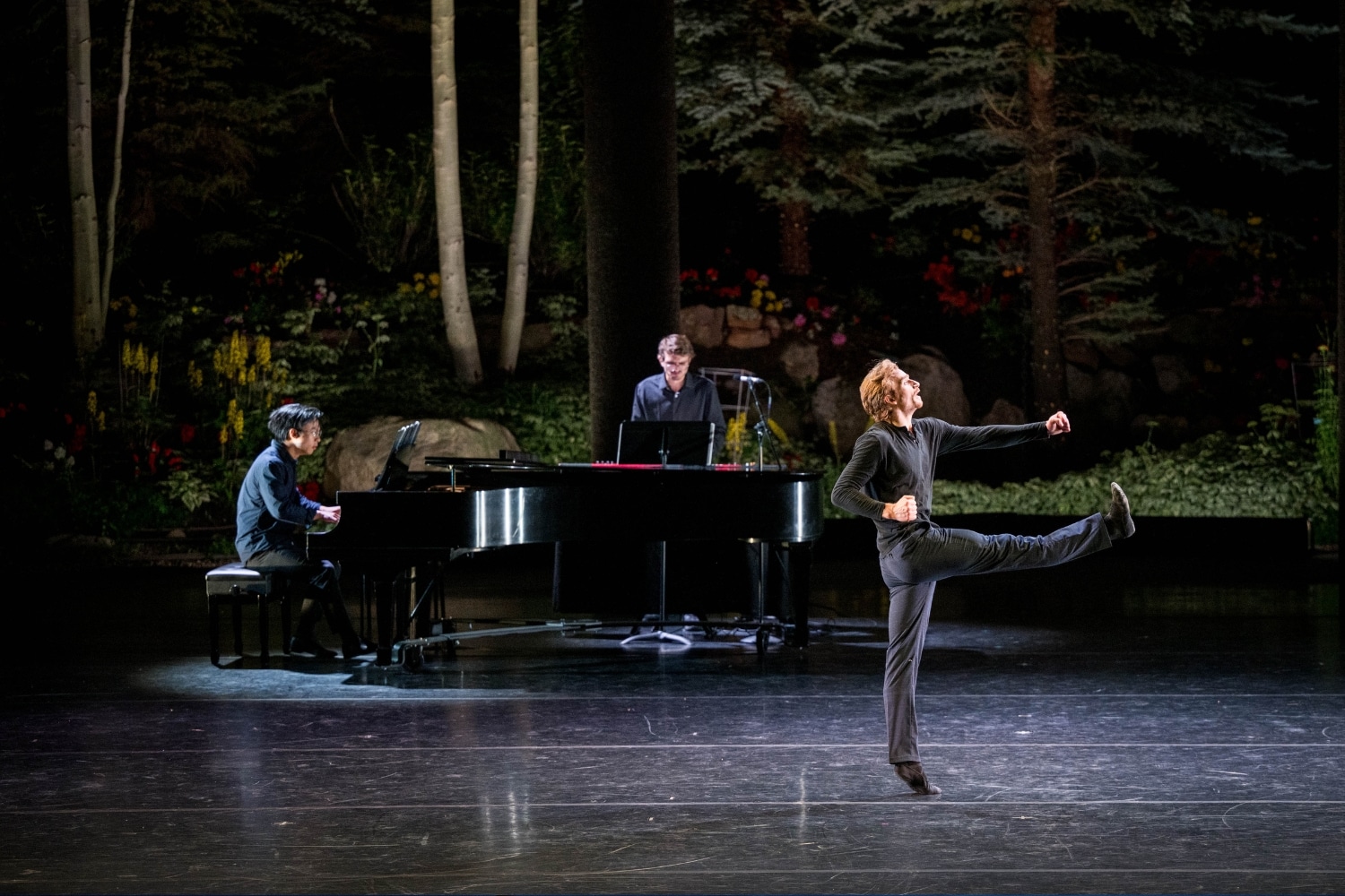 Aran Bell with Derek Wang and Joel Wenhardt in Tiler Peck's new work "Piano Songs" at NOW: Premieres at the 2024 Vail Dance Festival. Photo by Christopher Duggan.