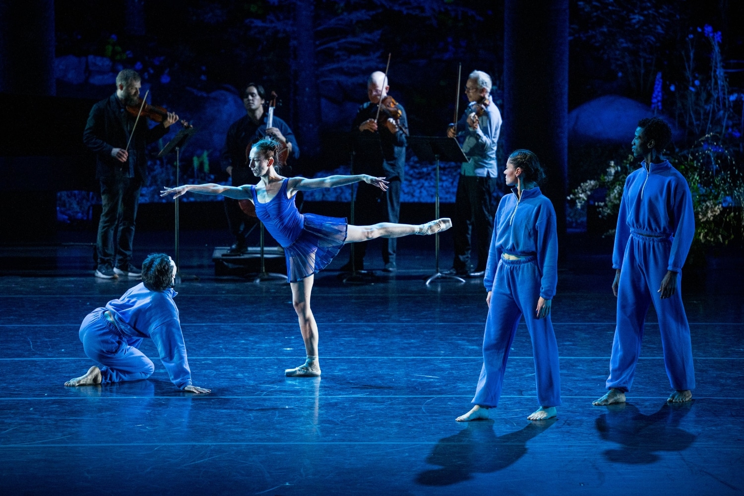 Isabella Boylston, Melissa Toogood, Calvin Royal III, and Spencer Lenain with Caroline Shaw and Brooklyn Rider in Pam Tanowitz's new work "'secret story ballet'" at NOW: Premieres at the 2024 Vail Dance Festival. Photo by Christopher Duggan.