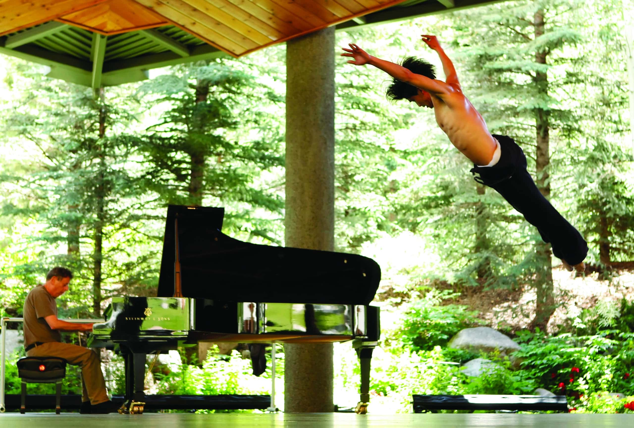 Philip Glass and Sokvannara Sar rehearse Benjamin Millepied's On the Other Side at the 2008 Vail Dance Festival. Photo by Erin Baiano.